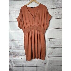Black Tape Womens Dress Burnt Orange 1X Smocked Waist Short Sleeve Linen Blend